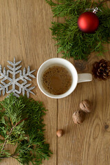 Fototapeta na wymiar Hot coffee for Winter season. Merry Christmas and Happy New Year .Hot drink for vacation holiday.