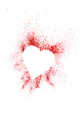 human heart and splashed red blood stains around it on a white background