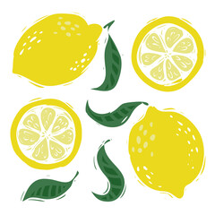 Summer fruit lemon berry on a white background, summer print. Juicy fruits and slices isolated.