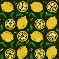 Summer seamless pattern of fruit lemon berry on a black background, summer print. Juicy fruits and slices.