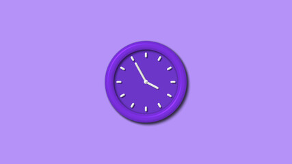 Purple color counting down 3d wall clock isolated on purple light background, 12 hours wall clock