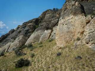 Fototapeta na wymiar Upward shot of impressive geologic formations along the road through Bighorn National Forest in Wyoming.