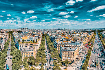 Beautiful panoramic view of Paris from the roof of the Triumphal Arch. Champs Elysees.