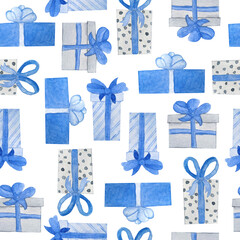 Watercolor seamless hand drawn pattern with blue grey christmas gifts in decor wrapping paper with bows. Nordic scandinavian neutral colors for new year celebration cards background. Box with shiny