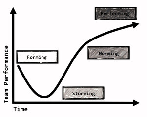 tuckmans stages team development, A psychological model  illustrating four different stages of team development