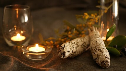 Dried white sage smudge stick, relaxation and aromatherapy. Smudging during psychic occult...