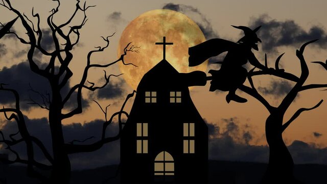 halloweeen scary scene background with night sky and moon, enchantress fly