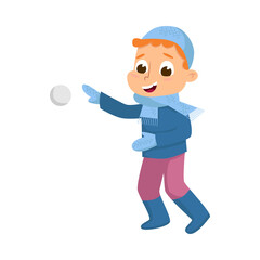 Cute Boy in Warm Hat and Knitted Mittens Playing Snowball Fight Vector Illustration