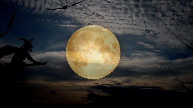 halloweeen scary scene background with night sky and moon, enchantress fly