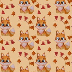 fox seamless patterns. Cute red fox with a smile and Christmas garlands on an orange background. Watercolor. Cute illustration for design and decoration