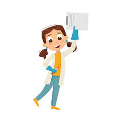 Smiling Girl in Laboratory Coat Cheering About Successful Experiment Result Vector Illustration