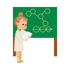 Cute Girl in Laboratory Coat at Blackboard Explainign Molecular Formula Vector Illustration