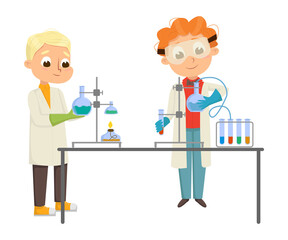 Smart Boys in Laboratory Coat Conducting Chemical Experiments in Glass Flask Vector Illustration