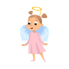 Cute Girl Dressed in Halloween Angel Costume with Nimbus Vector Illustration