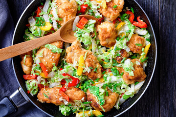 sesame chicken with chinese cabbage, top view
