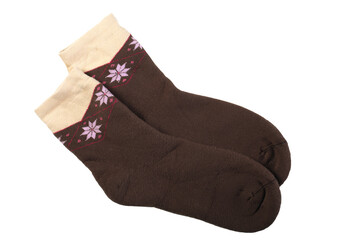 Warm and cozy brown socks isolated on white background