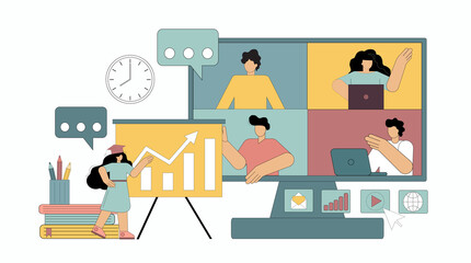 Concept teacher conducts an online lesson. Online education, seminar, training. Vector isolated illustration on white background