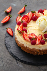 Curd cheesecake decorated with strawberries