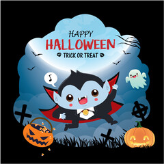 Vintage Halloween poster design with vector vampire, ghost character. 