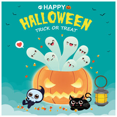 Vintage Halloween poster design with vector ghost, cat, skeleton character. 