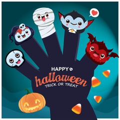 Vintage Halloween poster design with vector skeleton, reaper, mummy, vampire, demon character. 