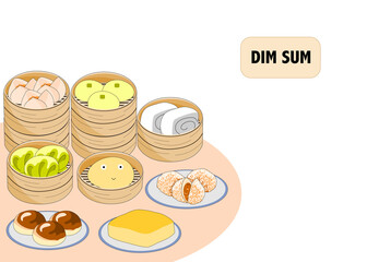 set of steamed bun dim sum yum cha in bamboo basket, vector illustration
