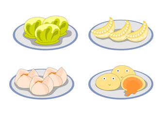 set of steamed dumplings dim sum yum cha on the dish, vector illustration