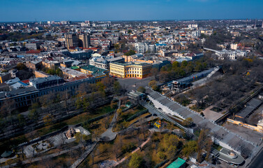 Fototapeta na wymiar Air panorama of the center sity Odessa, Ukraine with Primorsky boulevard and Potemkin stairs. Drone footage at sunny day.