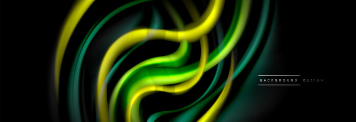 Dynamic motion abstract background. Color blurred stripes on black. Wave liquid lines poster. Vector illustration