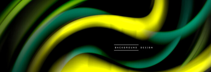 Dynamic motion abstract background. Color blurred stripes on black. Wave liquid lines poster. Vector illustration