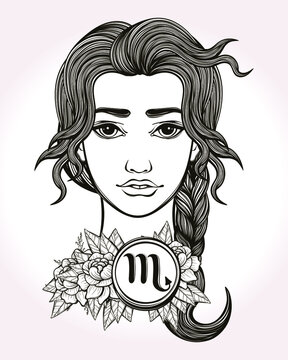 Scorpion astrological sign. Hand drawn art of a young pretty girl. Coloring book, tattoo art. Isolated vector illustration