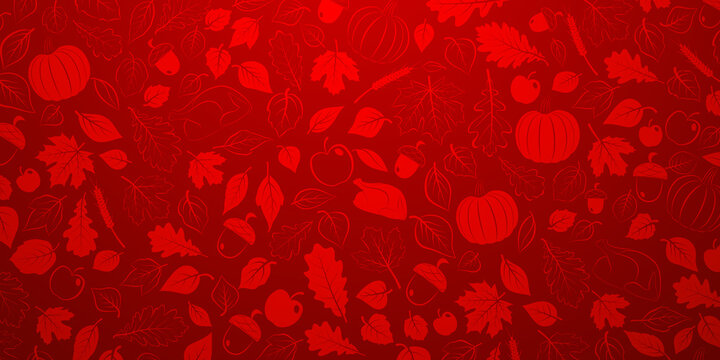 Happy Thanksgiving background with autumn leaves, vegetables and turkey in red colors