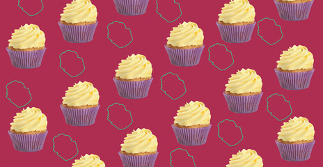 Many lemon cupcakes on color background