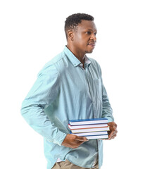 African-American man with books on white background