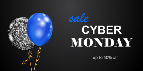 Cyber Monday sale banner with blue and silver balloons on black background. Vector illustration for posters, flyers or cards.