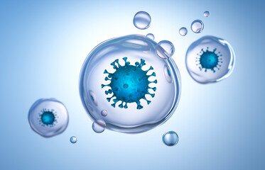 Coronavirus inside aerosol particles - 3D illustration
