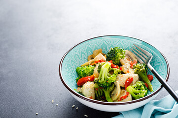 Chicken stir fry with vegetables and mushrooms