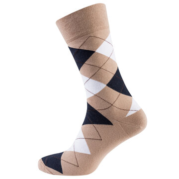 volumetric beige sock with white and blue rhombuses, on a white background