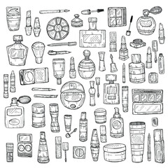 Big set of 62 make-up products and perfumes including mascara, eyeshadow, lipsticks, powder, brushes and others. Vector hand drawn outline make-up collection.