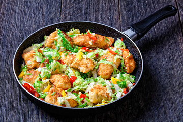 sesame chicken with chinese cabbage, top view