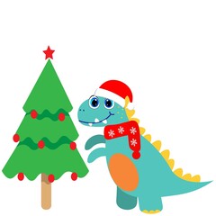cute dinosaur and christmas tree vector illustration