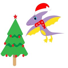 cute dinosaur and christmas tree vector illustration