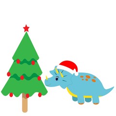 cute dinosaur and christmas tree vector illustration