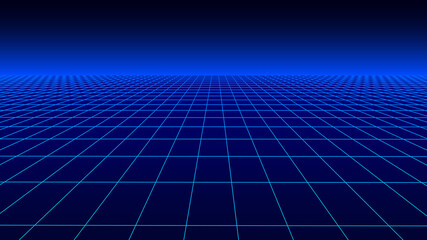 Vector perspective grid in blue retro style. Detailed lines on blue background.