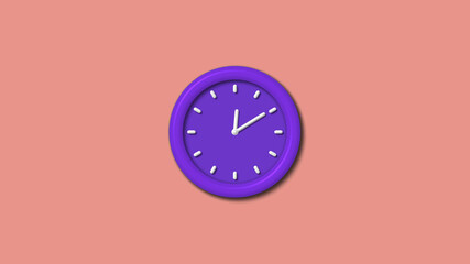 Purple color 12 hours 3d wall clock isolated on red light background, 3d wall clock