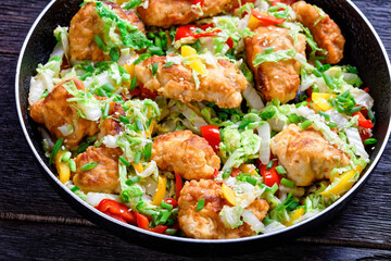 sesame chicken with chinese cabbage, top view