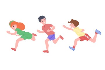 Fototapeta na wymiar Happy children playing sports games. The boys and the girl are doing physical exercises. Children play catch-up. Active healthy childhood. Cartoon flat vector illustration isolated on white background