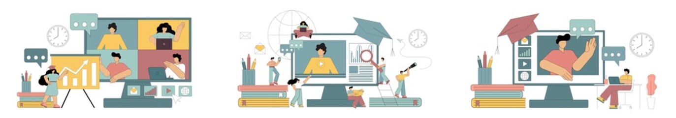 Online e-learning training. Modern technologies in education. Overcoming the crisis of communication, interaction between people. Online education, seminars, trainings. Isolated vector illustration on