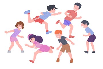 Happy children playing sports games. The boys and the girl are doing physical exercises. Children play catch-up. Active healthy childhood. Set of flat vector illustration isolated on white background