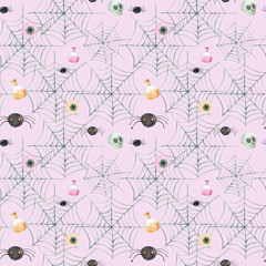 Seamless pattern Halloween spider web on an pink pastel background Watercolor hand painted